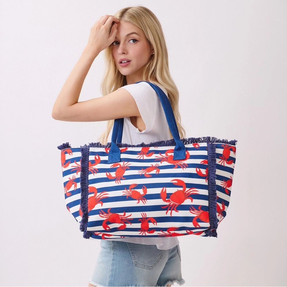 Crab Stripe Fringe Tote Bag